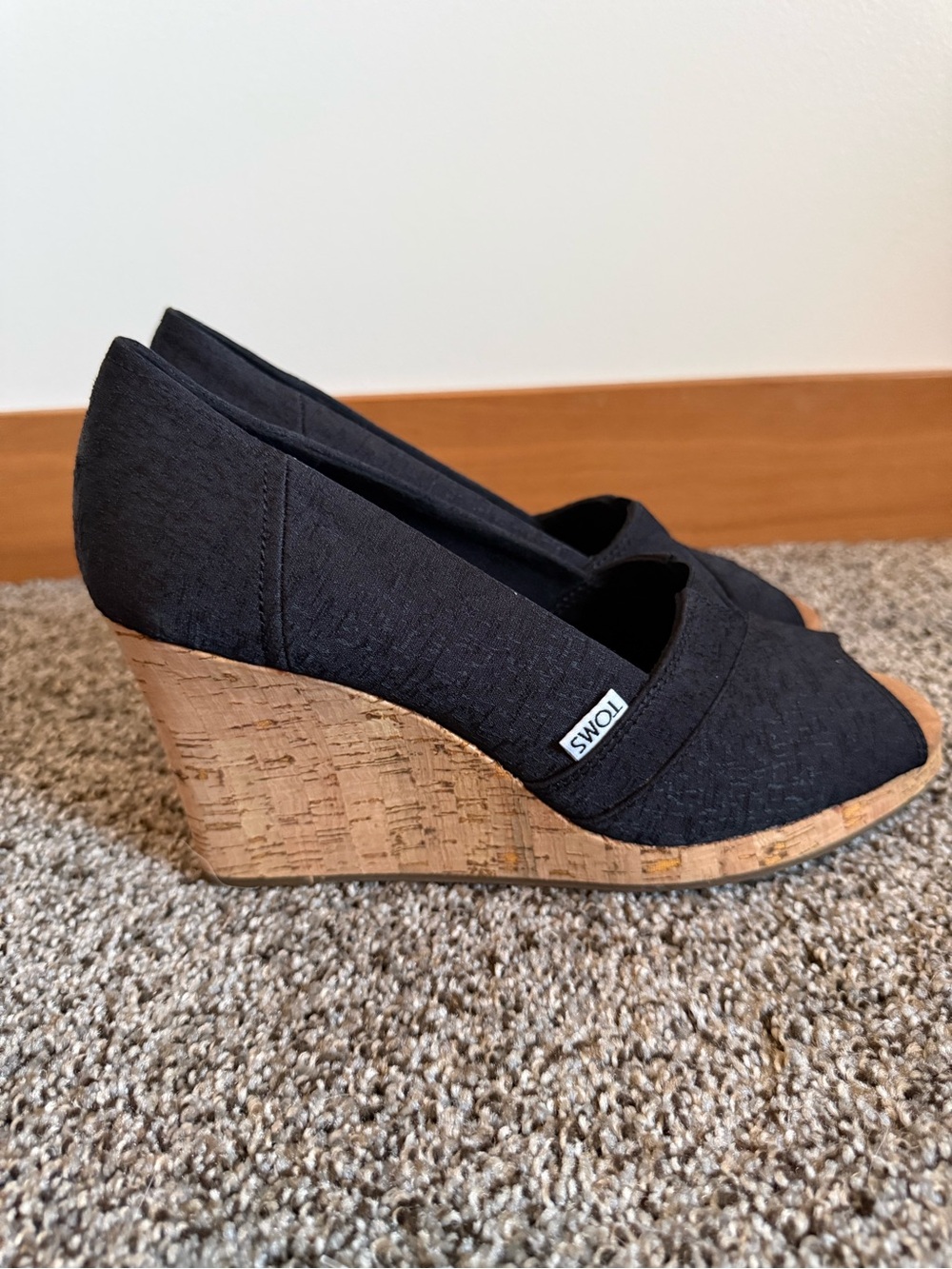 TOMS Black Cork Wedge Peep-Toe Shoes